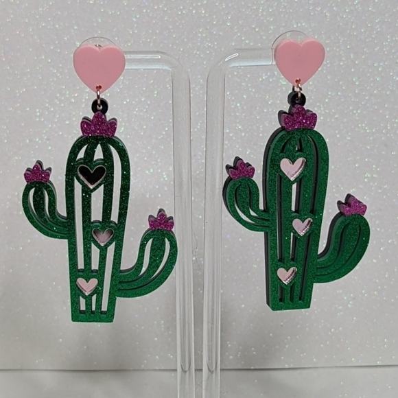 Cactus Valentine's Day Pink Glitter Heart Drop Earrings - Picture 4 of 5